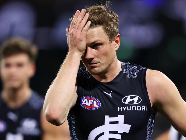 SYDNEY, AUSTRALIA - JUNE 06: Jack Newnes of the Blues looks dejected after defeat during the round 12 AFL match between the Carlton Blues and the West Coast Eagles at Sydney Cricket Ground on June 06, 2021 in Sydney, Australia. (Photo by Mark Kolbe/Getty Images)