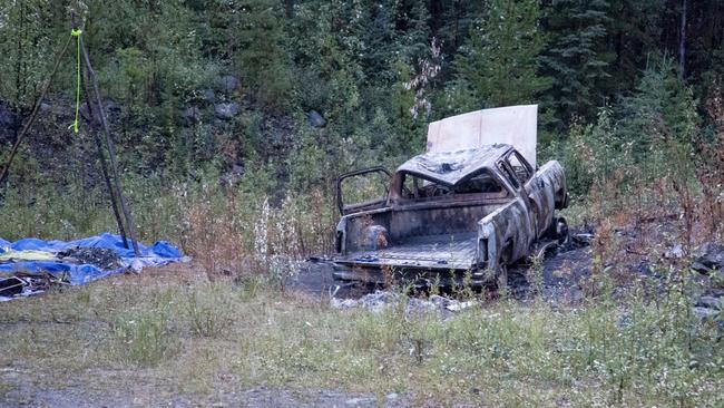 Homicide suspects this is Bryer Schmegelsky and Kam McLeod's truck was found burnt out. Picture: Sarah MacDonald/Global News