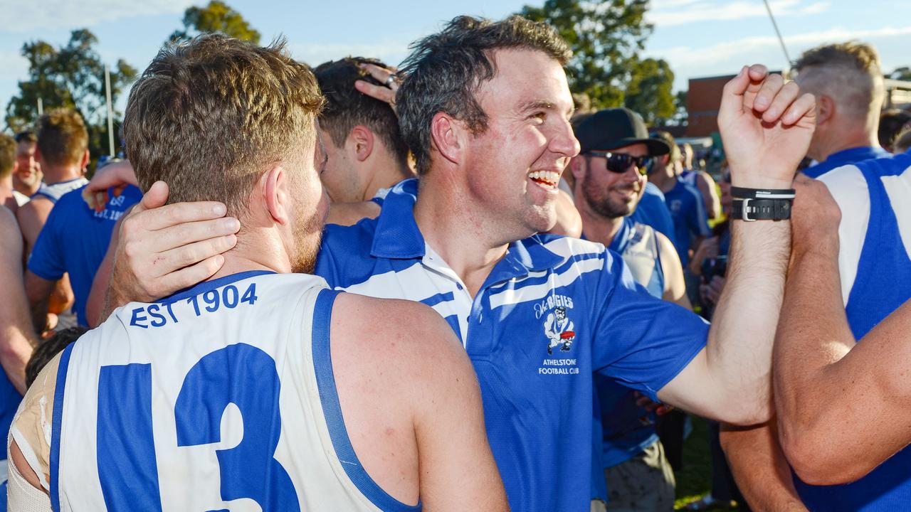 Division two Adelaide Footy League grand final - Unley Mercedes Jets v Athelstone, Saturday, September 14, 2019. Athelstone Football Club coach Jade Sheedy celebrates with James Davies. (Pic: Brenton Edwards)