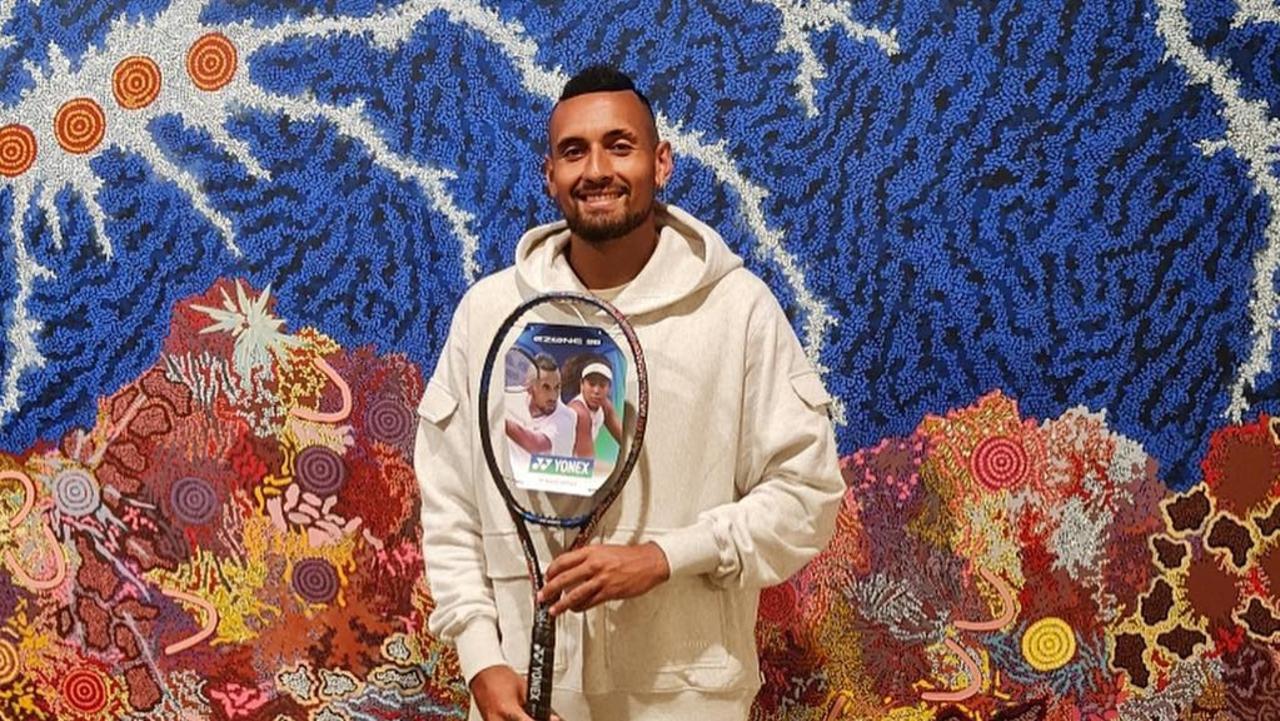 Tennis superstar Nick Kyrgios during a visit to the gallery in January 2022. Photo: Mitchelton Gallery of Aboriginal Art.