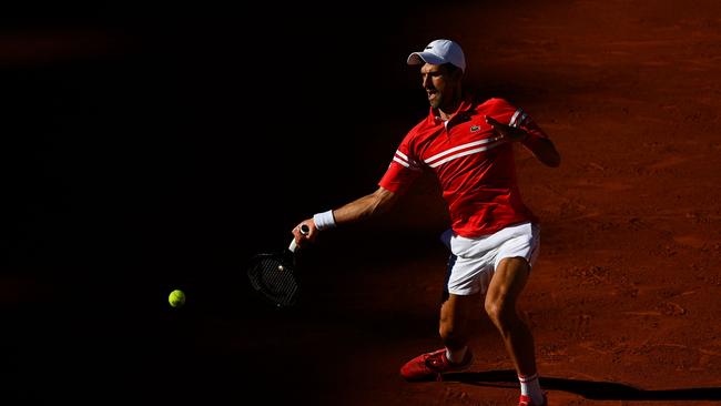 Novak Djokovic hits a forehand return during the French Open final. Picture: AFP