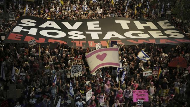 A protest demanding the end of the war and immediate release of hostages held by Hamas in the Gaza Strip, and against Prime Minister Benjamin Netanyahu's government, in Tel Aviv on Saturday. AP Photo/Leo Correa