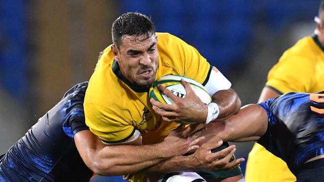 Rory Arnold (centre) of the Wallabies in action during the Rugby Championship match between Australia and Argentina at Cbus Super Stadium on the Gold Coast, Saturday, September 15, 2018. (AAP Image/Darren England) NO ARCHIVING, EDITORIAL USE ONLY