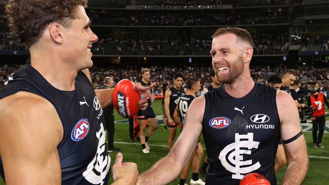 Sam Docherty and Charlie Curnow enjoy the win. Picture: Michael Klein