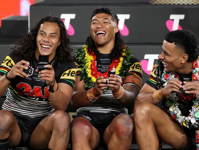 SYDNEY, AUSTRALIA - OCTOBER 02: Jarome Luai, Brian To'o and Stephen Crichton of the Panthers celebrate winning the 2022 NRL Grand Final match between the Penrith Panthers and the Parramatta Eels at Accor Stadium on October 02, 2022, in Sydney, Australia. (Photo by Cameron Spencer/Getty Images)