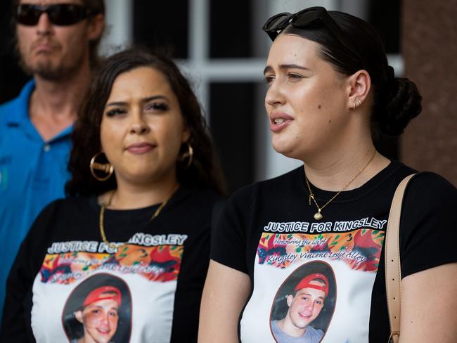 Kingsley Alley Jr's older sister, Josephine Miller-Sabino speaking outside the Supreme Court in Darwin after four people were sentenced over her teenage brother's murder in October 8, 2022. Picture: Pema Tamang Pakhrin