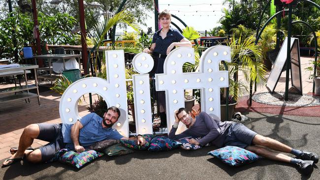 Darwin International Film Festival director Blandine Ruffo, middle, with James Parker, left, and Damien Johns. Picture: Katrina Bridgeford