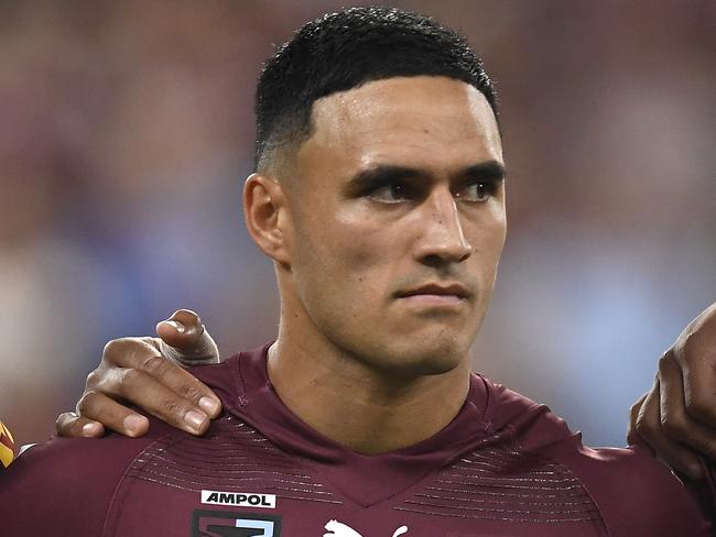 TOWNSVILLE, AUSTRALIA - JUNE 09:  Valentine Holmes of the Maroons sing the national anthem before game one of the 2021 State of Origin series between the New South Wales Blues and the Queensland Maroons at Queensland Country Bank Stadium on June 09, 2021 in Townsville, Australia. (Photo by Ian Hitchcock/Getty Images)