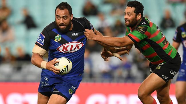 Sam Kasiano (pictured left during his time with Canterbury-Bankstown in the NRL) will be a fearsome addition to Souths Sharks’ RLMD line-up for 2025. (AAP Image/Dean Lewins).