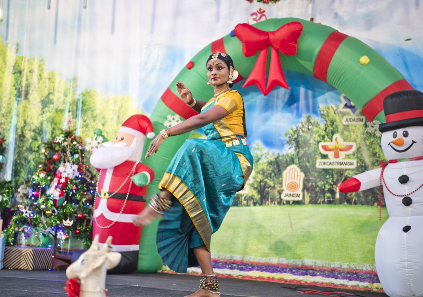 Amutha Kandasamy from Hridayam dance school performs the Bharathanatyum a classical South Indian dance. Pure Land Learning College Christmas party. Picture: Nev Madsen. Saturday 14th Dec, 2019