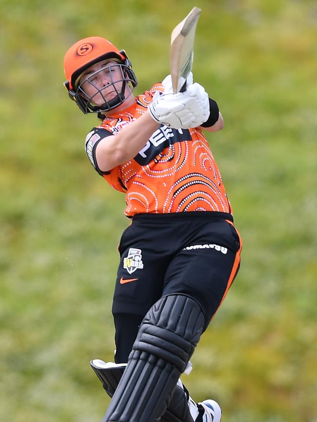 Heather Graham of the Perth Scorchers bats during the Women's Big Bash League match between the Adelaide Strikers and the Perth Scorchers at Karen Rolton Oval, on November 17, 2021, in Adelaide, Australia. (Photo by Mark Brake/Getty Images)