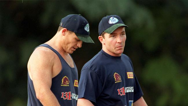 JUNE 20, 2000: Captain Kevin Walters (L) welcomes Paul Green to Brisbane training at Red Hill, 20/06/00 after his sacking by North Queensland Cowboys. Pic David Kapernick. Rugby League