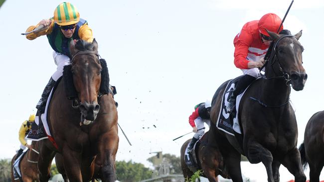 Jockey Glyn Schofield rides Ball of Muscle to victory in race 4, the Bowermans office Furniture Shorts during the Colgate Optic White Stakes Day at Royal Randwick in Sydney, Saturday, September 15, 2018. (AAP Image/Simon Bullard) NO ARCHIVING, EDITORIAL USE ONLY