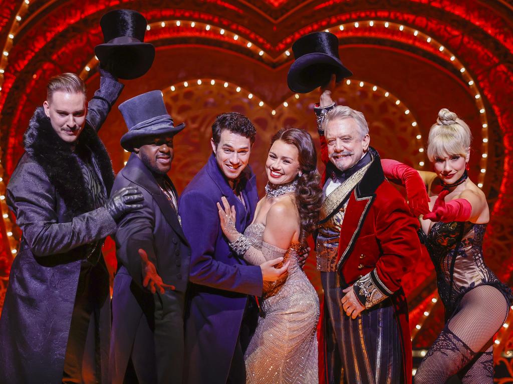 Moulin Rouge cast members Andrew Cook, Tim Omaji, Des Flanagan, Alinta Chidzey, Simon Burke and Samantha Dodemaide. Picture: Alex Coppel