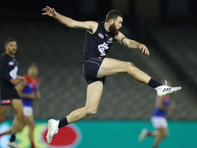 Mitch McGovern kicks the Blues inside 50. Picture: Michael Klein