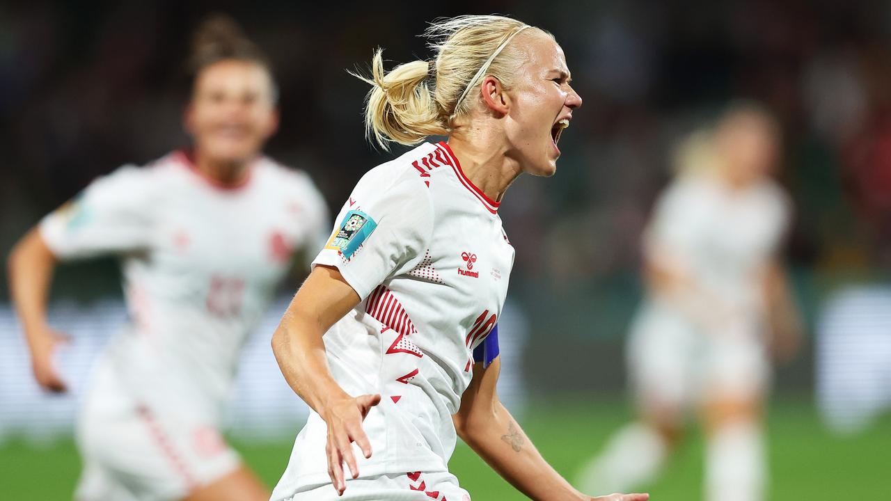 PERTH, AUSTRALIA - AUGUST 01: Pernille Harder of Denmark celebrates after scoring her team's first goal during the FIFA Women's World Cup Australia &amp; New Zealand 2023 Group D match between Haiti and Denmark at Perth Rectangular Stadium on August 01, 2023 in Perth, Australia. (Photo by Paul Kane/Getty Images) *** BESTPIX ***