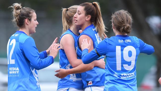 VU Western Spurs celebrate an Alyssa Mifsud goal. Picture: Lawrence Pinder