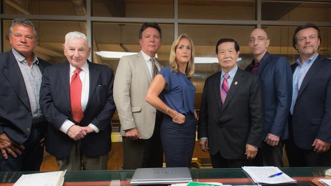 Meeting of the Minds, L-R: James Kolar, Dr Werner Spitz, James Fitzgerald, Laura Richards, Dr Henry Lee, Jim Clemente, Stan Burke who were the experts involved in CBS documentary The Case of JonBenet Ramsey. Picture: Neil Jacobs/CBS