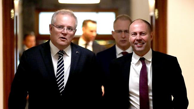 Prime Minister Scott Morrison and Treasurer Josh Frydenberg in Melbourne for a meeting mid-December 2019. Picture: David Geraghty.