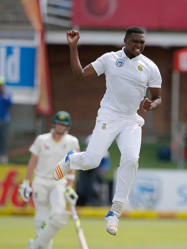 Lungi Ngidi celebrates the wicket of David Warner. Picture: AFP