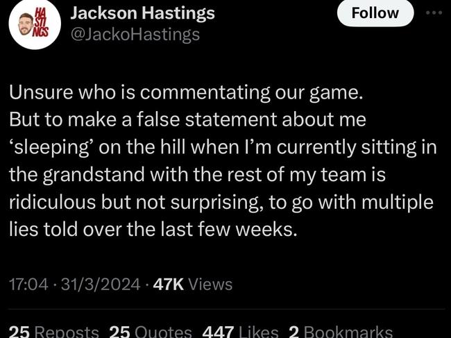 Jackson Hastings’ original post calling out Andrew Voss on X. The post has since been deleted.