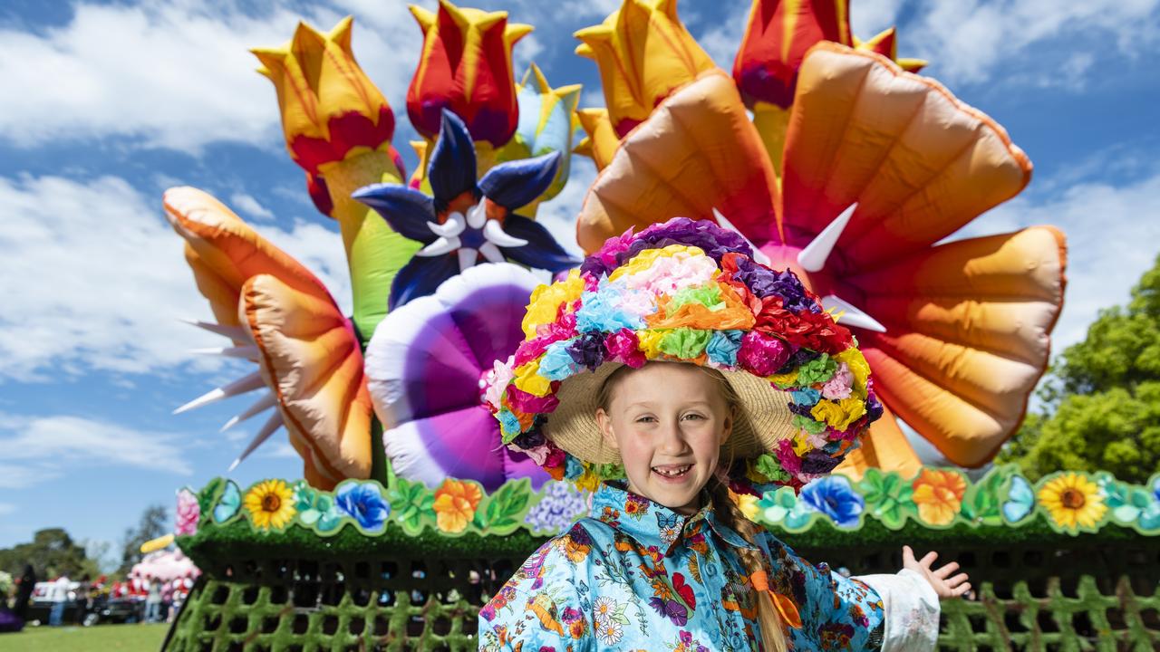 Six-year-old Erica Cowan walked with the Grand Central float in the Grand Central Floral Parade of Carnival of Flowers 2022, Saturday, September 17, 2022. Picture: Kevin Farmer