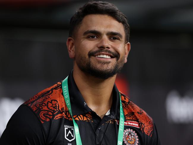 SYDNEY, AUSTRALIA - FEBRUARY 15: Latrell Mitchell looks on from the sideline during the Men's NRL All Stars match between Indigenous and Maori at CommBank Stadium on February 15, 2025 in Sydney, Australia. (Photo by Matt King/Getty Images)