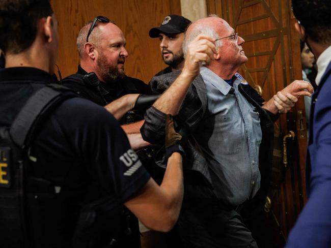 Ben Cohen, co-founder of Ben and Jerry’s, is detained by US Capitol Police for disrupting proceedings during a hearing with Robert F. Kennedy Jr. Picture: Getty Images via AFP