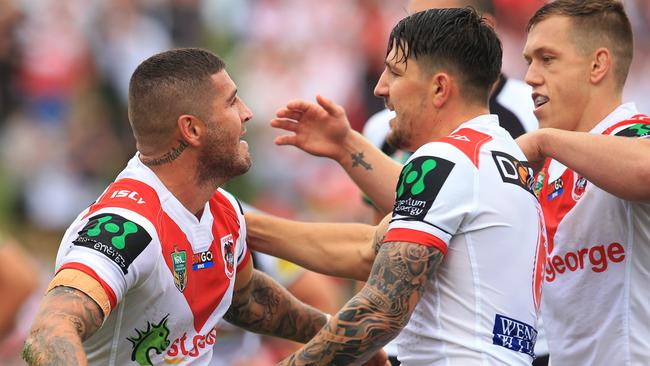 Joel Thompson of the Dragons celebrates a try during the St George Illawarra Dragons v Penrith Panthers NRL round 1 game at Jubilee Oval, Kogarah. pic Mark Evans