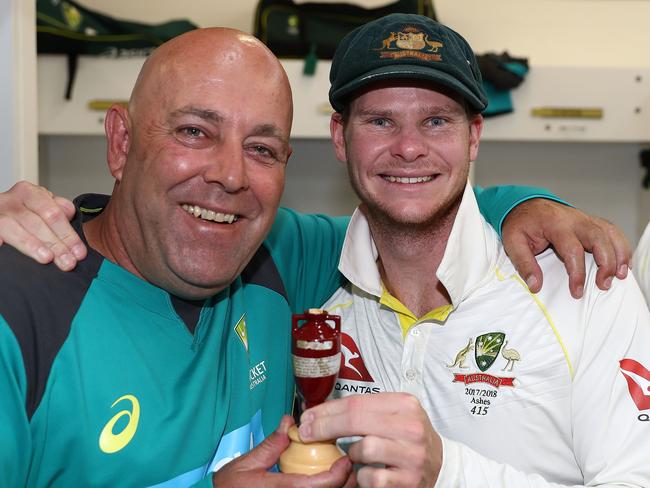 Australian coach Darren Lehmann and captain Steve Smith celebrated the Ashes win on Monday.