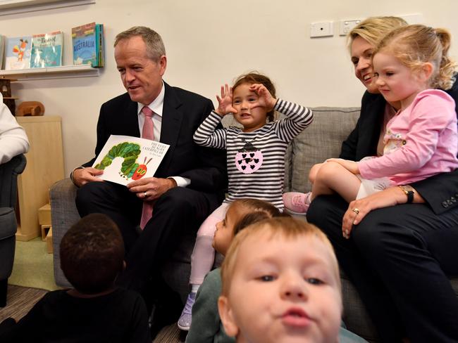 Labor leader Bill Shorten with Deputy Opposition leader Tanya Plibersek at the Goodstart Early Learning Nollamara in Perth on Monday. Picture: AAP/Darren England