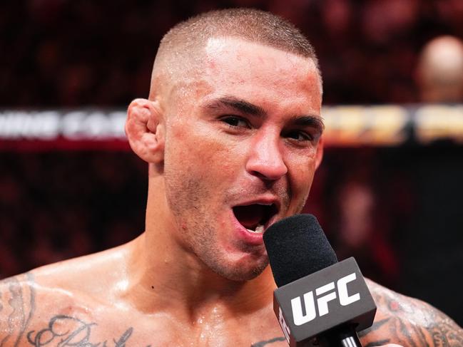 MIAMI, FLORIDA - MARCH 09: Dustin Poirier reacts after his victory against Benoit Saint Denis of France in a lightweight fight during the UFC 299 event at Kaseya Center on March 09, 2024 in Miami, Florida. (Photo by Chris Unger/Zuffa LLC via Getty Images)