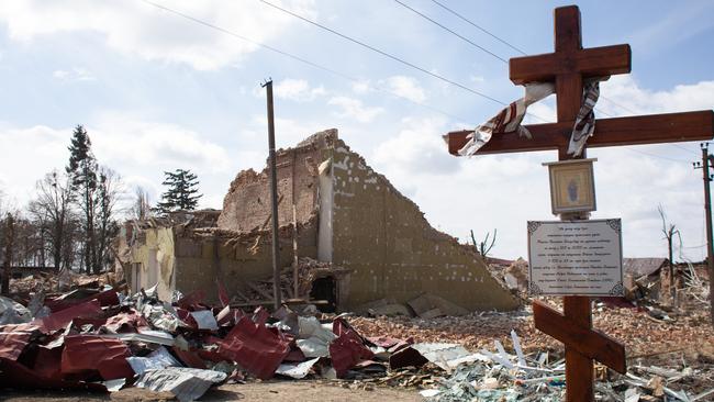 A view of the square which got destroyed as a result of a rocket strike in the area earlier on March 27, 2022 in Byshiv, Ukraine. Picture: Getty Images