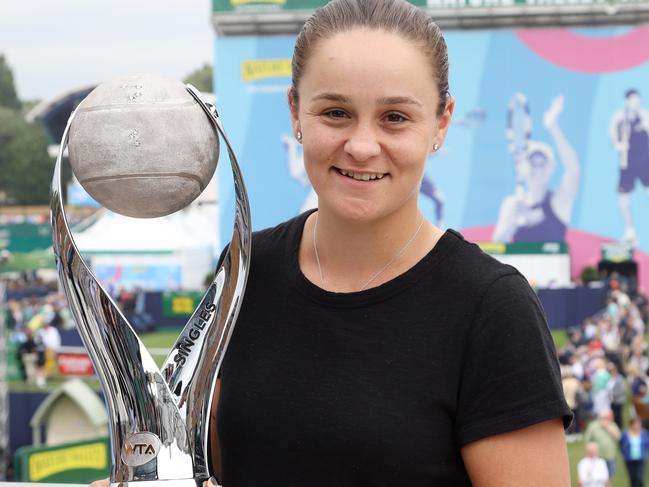 EASTBOURNE, ENGLAND - JUNE 24: Ashleigh Barty of Australia poses with the WTA World number 1 trophy during day 1 of the Nature Valley International at Devonshire Park on June 24, 2019 in Eastbourne, United Kingdom. (Photo by Paul Harding/Getty Images for LTA)