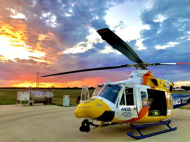 The RACQ Capricorn Helicopter Rescue at Moura hospital before transporting a young girl after a skateboard fall.