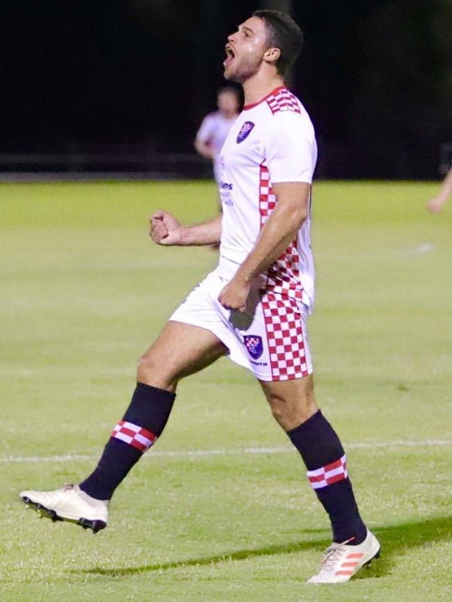 Gold Coast Knights forward Jarrod Kyle celebrates after scoring the matchwinner against Western Pride on Saturday night. Picture: Ryan Kazmer/East End Digital