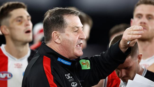 MELBOURNE, AUSTRALIA - JUNE 08: Ross Lyon, Senior Coach of the Saints addresses his players during the 2024 AFL Round 13 match between the St Kilda Saints and the Gold Coast SUNS at Marvel Stadium on June 08, 2024 in Melbourne, Australia. (Photo by Michael Willson/AFL Photos via Getty Images)