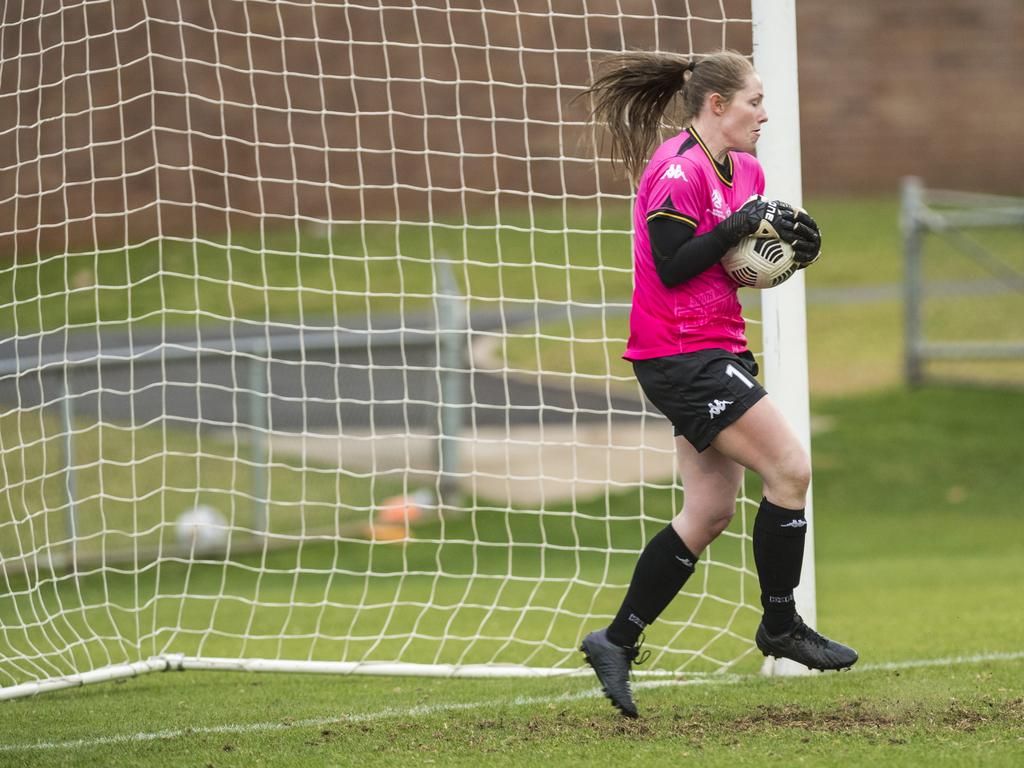 South West Queensland Thunder goal keeper Elizabeth Hollitt against Gold Coast United in NPLW Queensland round 14 football at Clive Berghofer Stadium, Saturday, June 19, 2021. Picture: Kevin Farmer