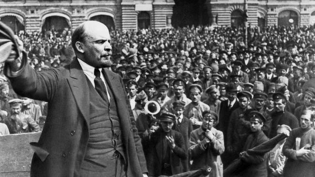 Bolshevik leader Vladimir Ilyich Lenin addresses a crowd in 1917.