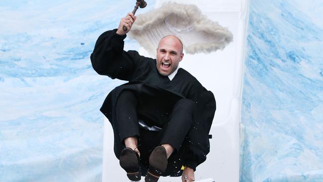 Chris Judd sliding as a judge in the 2019 Big Freeze at the ‘G. Picture: Getty