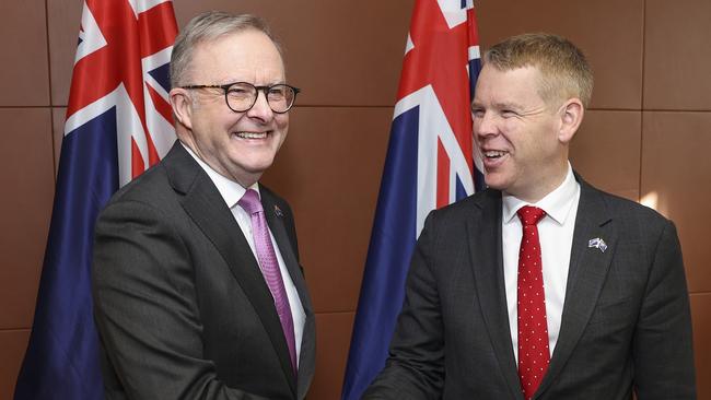 Anthony Albanese and New Zealand Prime Minister Chris Hipkins at their bilateral meeting on Wednesday. Picture: Getty Images.