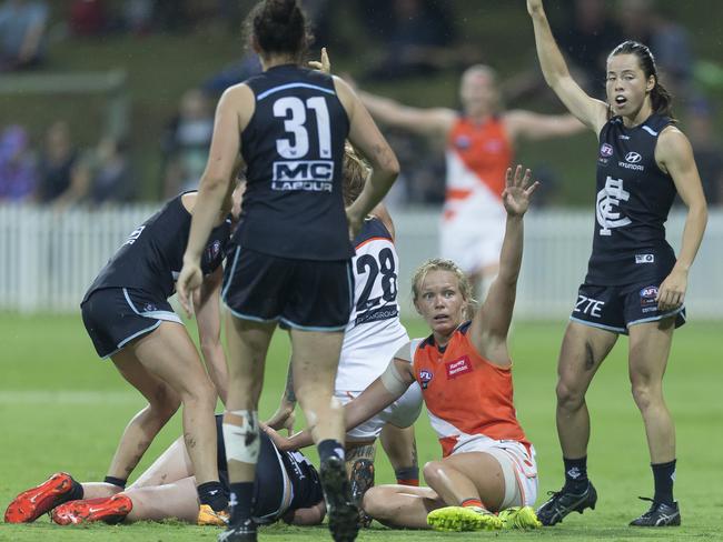 Players of both teams knew Davey was in trouble when she injured her knee in February 2018. Picture: AAP