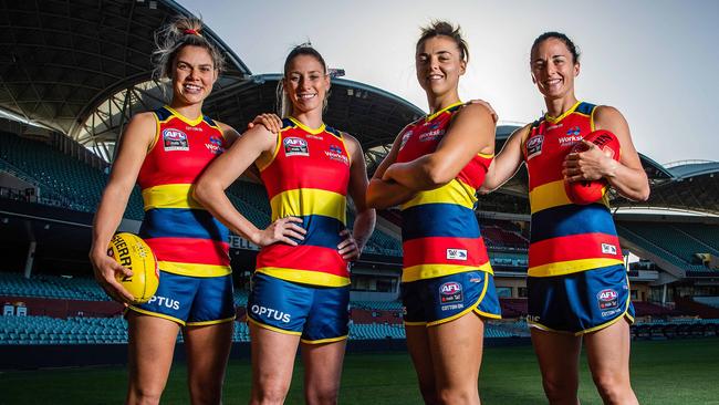 Anne Hatchard, Deni Varnhagen, Ebony Marinoff and Angela Foley will be chasing the Crows’ third AFLW premiership on Saturday. Picture: Tom Huntley