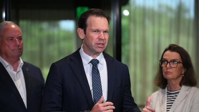 Matt Canavan at a press conference during a hearing of the Senate Standing Committee on Rural and Regional Affairs and Transport in Brisbane.