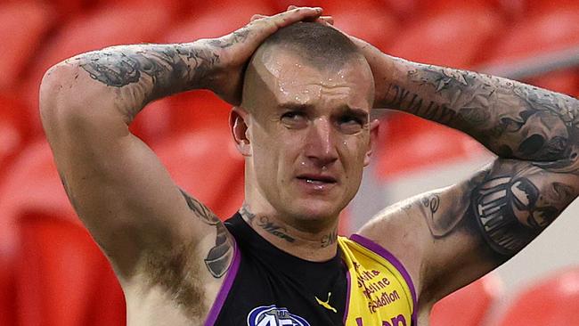 AFL Round 18. Richmond v Brisbane at Metricon stadium, Gold Coast . 16/07/2021.   Richmonds Dustin Martin  goes off injured late 3rd qtr   .  Pic: Michael Klein