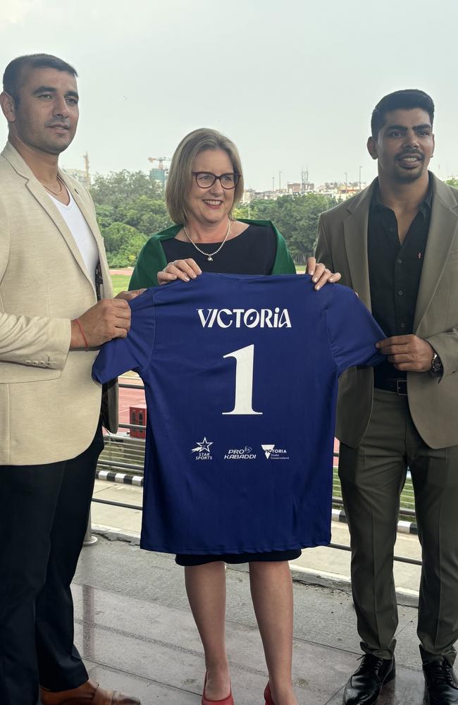 Jacinta Allan with Pro Kabaddi League players Ajay Thakur (white jacket) and Pawan Sehrawat. Picture: Supplied