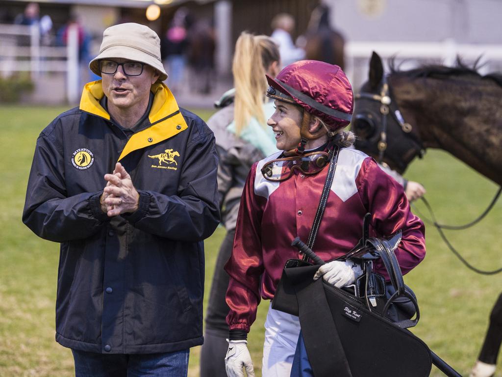 Trainer Ben Ahrens with jockey Alannah Fancourt after Chevrons'n'rockers won race one at Clifford Park Racecourse, Saturday, June 19, 2021. Picture: Kevin Farmer