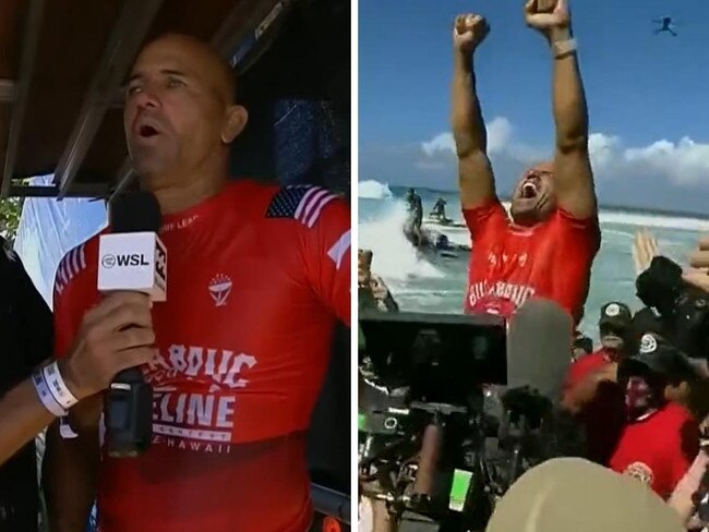 Kelly Slater wins Pipe. Photo: Twitter, @WSL, TouTube, World Surf League.