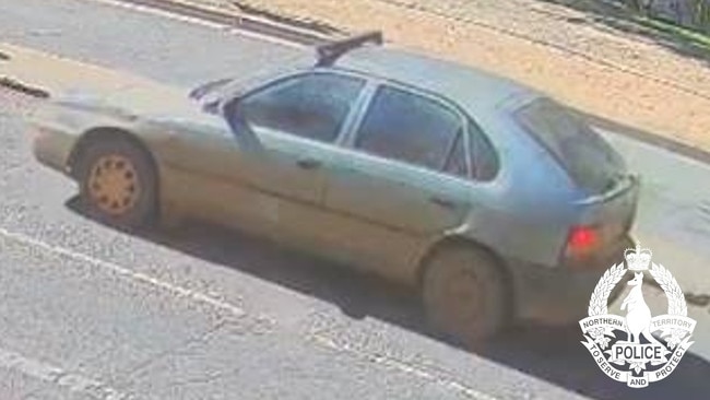 The green Toyota Corolla allegedly used in a hit-run at the intersection of Leichhardt and Stott terraces at Alice Springs on June 17, 2024, at about 11.30am. Picture: NT Police