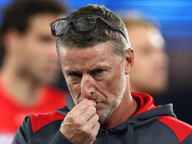 MELBOURNE, AUSTRALIA - JULY 06: Damien Hardwick, Senior Coach of the Suns looks on during the round 17 AFL match between North Melbourne Kangaroos and Gold Coast Suns at Marvel Stadium, on July 06, 2024, in Melbourne, Australia. (Photo by Quinn Rooney/Getty Images)